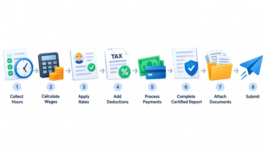 Alt text: Eight-step certified payroll process infographic showing how to collect work hours, calculate wages, apply wage rates, add deductions, process payments, complete certified reports, attach documents, and submit payroll records.
