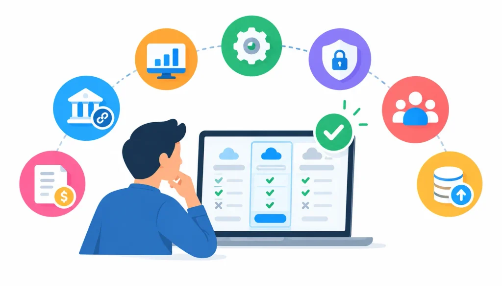 Choosing the right cloud accounting software by comparing features, pricing, security, integrations, and scalability using a software comparison dashboard.