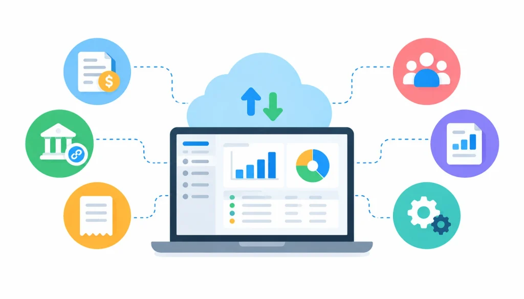 Cloud accounting software dashboard with icons representing invoicing, bank integration, expense tracking, financial reporting, user access, and automated accounting workflows.