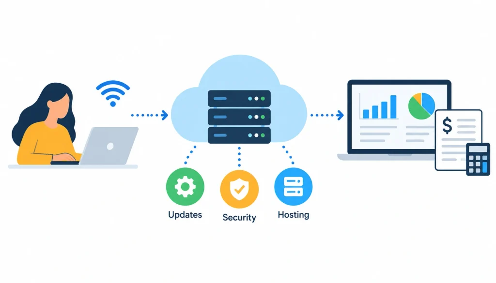 Cloud-based accounting illustration showing online financial data stored on remote servers, with automated updates, security, hosting, and access through a laptop.