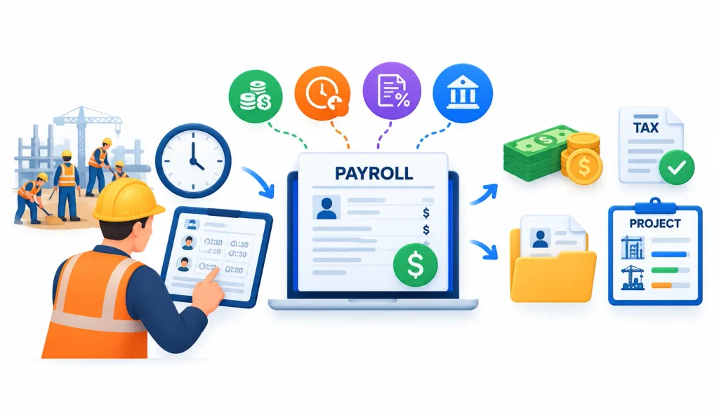 Construction payroll process showing workers tracking hours, wage calculations, overtime, deductions, tax records, employee payments, and project-based labor cost management.
