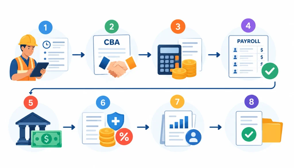 Eight-step construction union payroll processing workflow, covering employee data collection, CBA review, wage calculations, payroll approval, payments, benefit contributions, reporting, and compliance documentation.