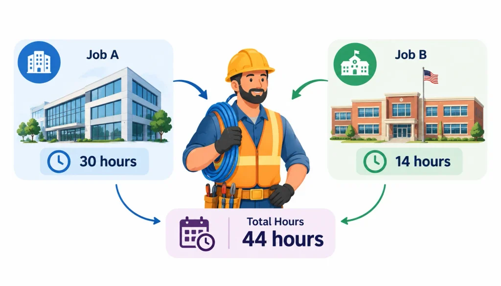 Construction electrician Sam works 30 hours on a private office project and 14 hours on a federally funded school project, totaling 44 hours across two jobs.