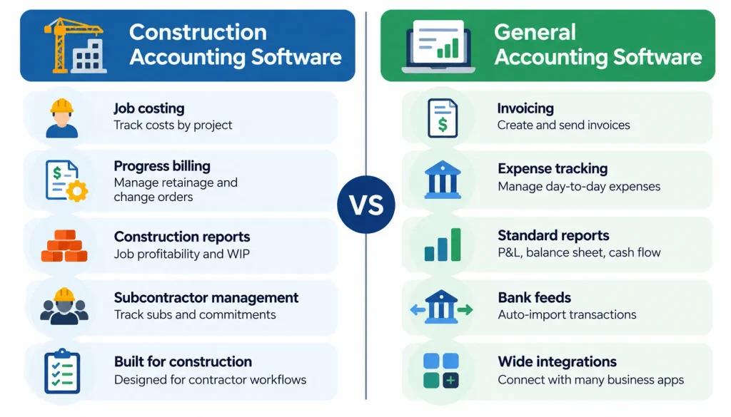 Construction vs. general accounting software comparison showing job costing, progress billing, WIP reports, and subcontractor management versus invoicing, expense tracking, financial reports, and bank feeds.