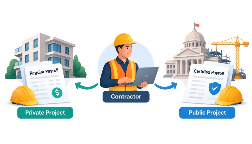 Certified payroll requirements for construction projects, comparing regular payroll for private projects with certified payroll for public projects.

