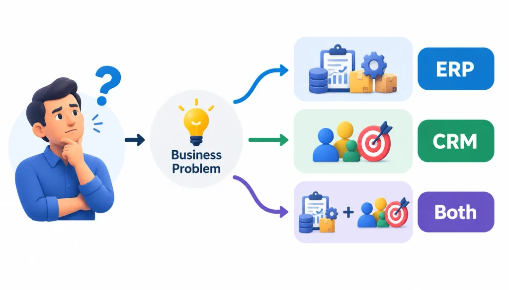 ERP vs. CRM decision infographic showing a business problem guiding companies to choose ERP for operations, CRM for customer relationships, or both systems when needed.