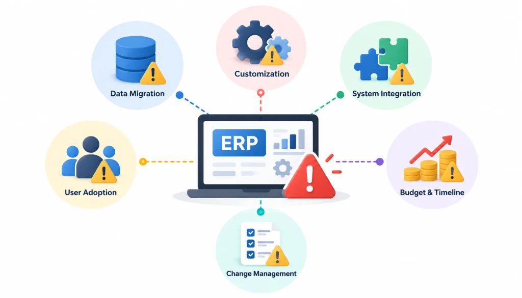 ERP implementation challenges infographic highlighting data migration, customization, system integration, user adoption, budget and timeline management, and change management.