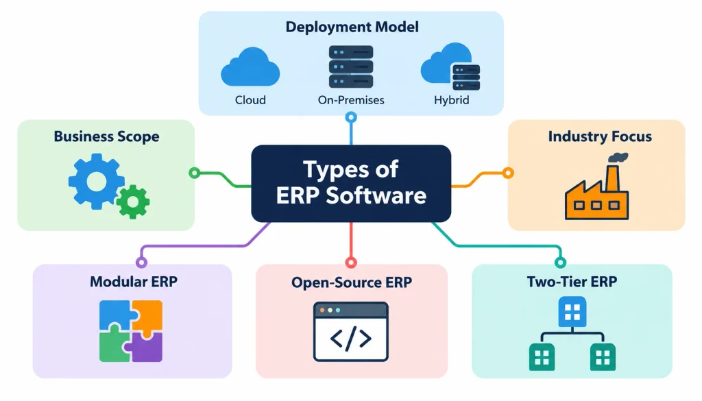 Types of ERP software infographic showing cloud, on-premises, hybrid, modular, open-source, two-tier ERP, business scope, and industry-specific ERP systems.