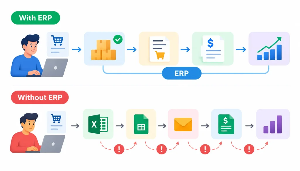 ERP workflow infographic comparing business processes with and without ERP, showing connected order processing, inventory management, invoicing, and sales reporting versus disconnected tools and manual data entry.