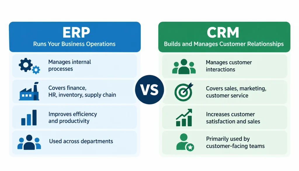 ERP vs. CRM comparison infographic showing ERP for business operations, finance, inventory, and supply chain, while CRM focuses on customer relationships, sales, marketing, and customer service.