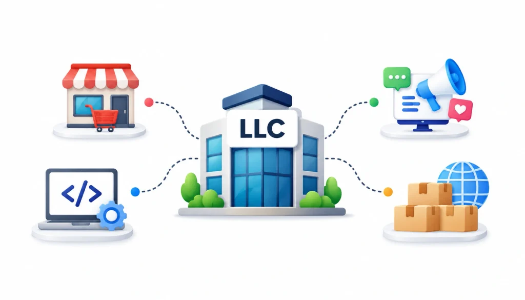 One LLC managing multiple businesses, shown with retail, technology, marketing, and e-commerce icons connected to a central LLC building.