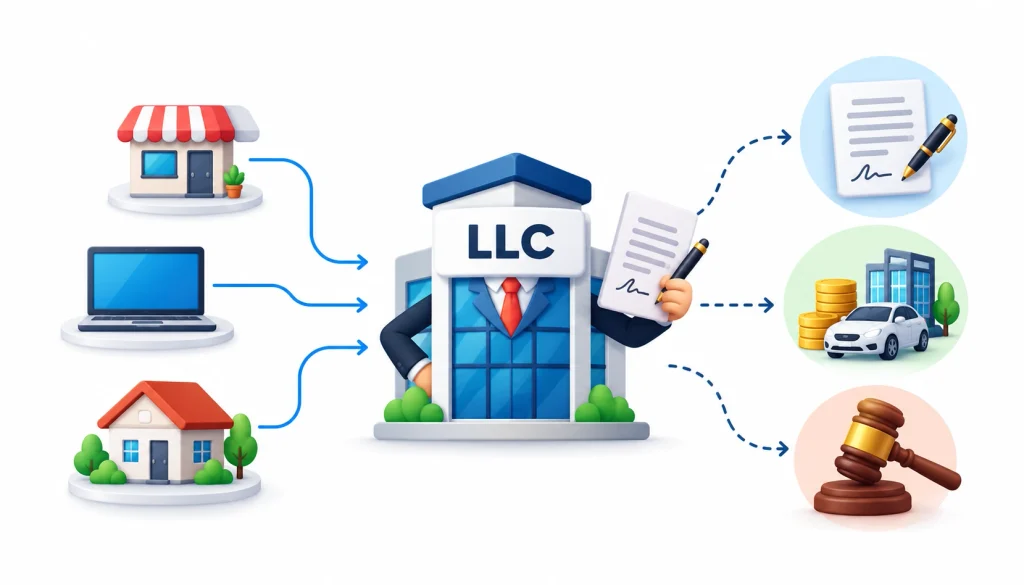 One LLC serving multiple businesses while handling contracts, owning assets, and managing legal liability as a single legal entity.