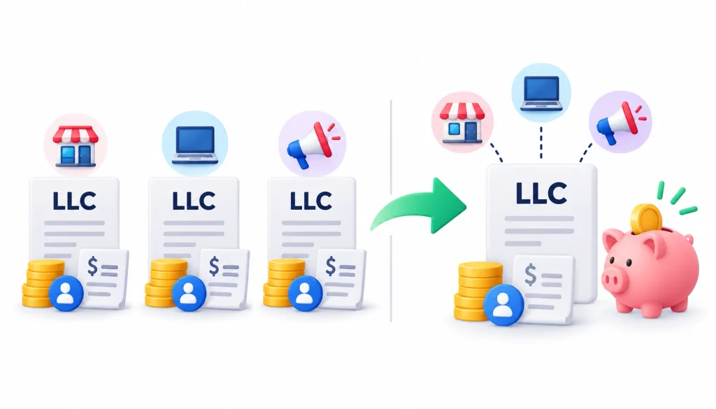 Multiple LLCs with separate fees and administrative costs compared with one LLC, highlighting potential savings in formation and ongoing expenses.