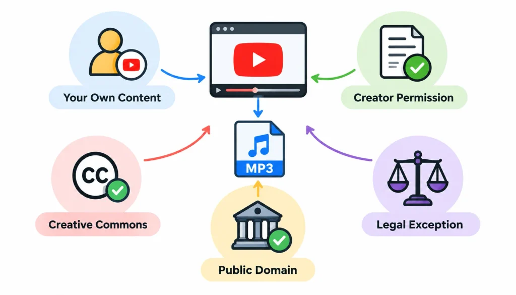Infographic showing when YouTube audio can be legally converted to MP3, including your own content, creator permission, Creative Commons licenses, public-domain recordings, and legal exceptions.