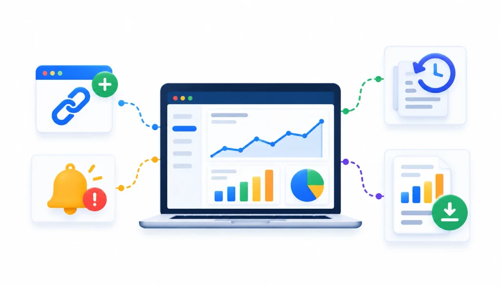 Backlink monitoring and reporting dashboard showing link tracking, performance analytics, historical data, alerts, and downloadable SEO reports.