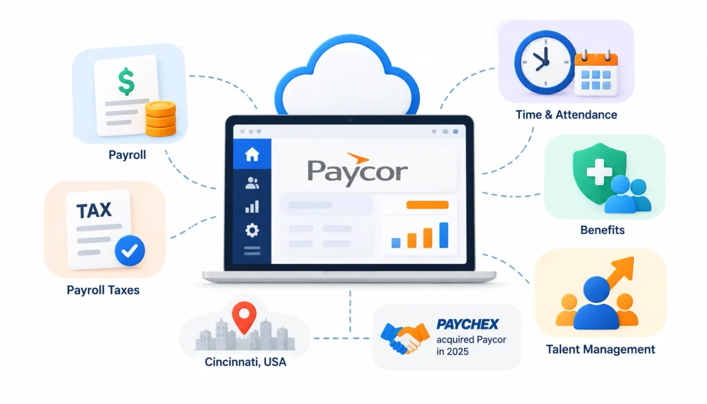 Paycor payroll software overview showing cloud-based payroll processing, tax filing, time tracking, employee benefits, and talent management.