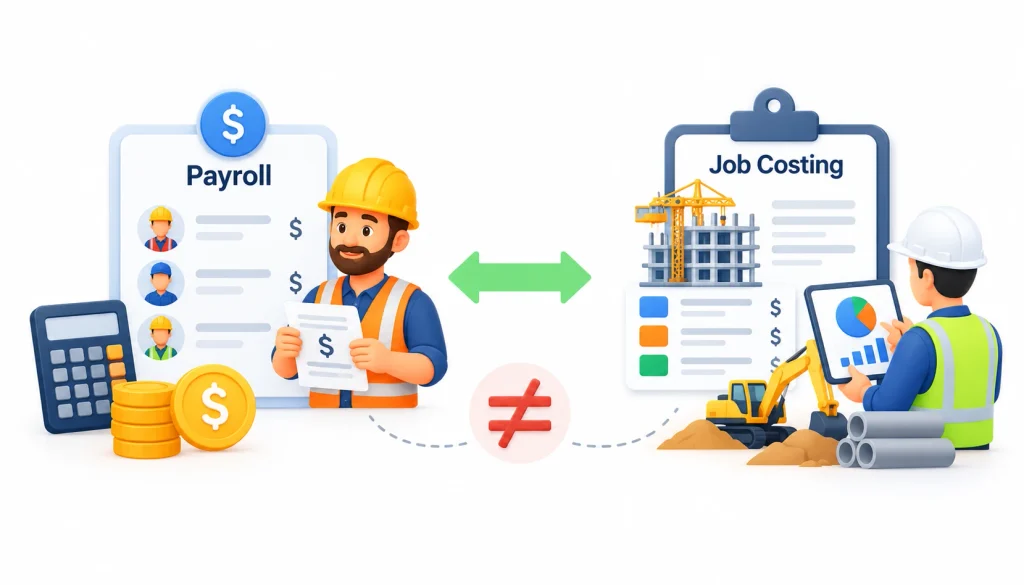 Payroll vs. job costing in construction, illustrating employee wages, labor expenses, and project-specific cost tracking with construction workers and equipment.