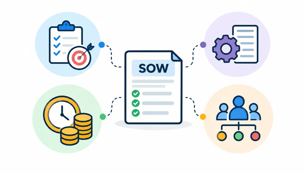 SOW types illustrated with icons representing project scope, requirements, time and cost, and team responsibilities.