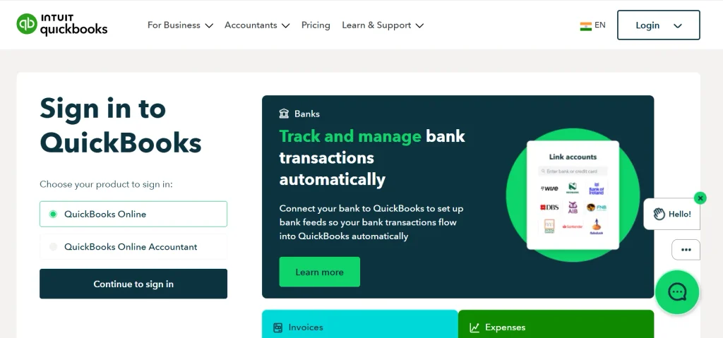 Home page of QuickBooks Online