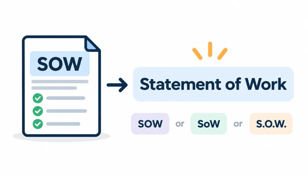 SOW full form Statement of Work infographic showing SOW, SoW, and S.O.W. variations.