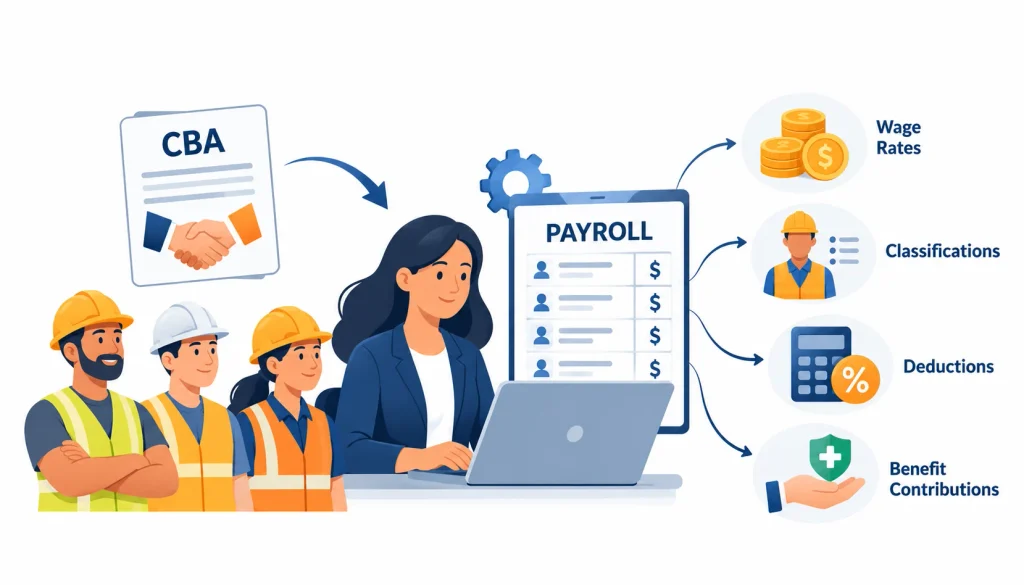 Union payroll company managing construction worker wages, classifications, deductions, and benefit contributions under collective bargaining agreements (CBAs).