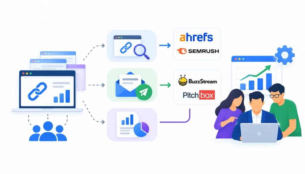 Backlink management software comparison showing SEO research tools, outreach platforms, analytics dashboards, and team collaboration for SEO agencies.