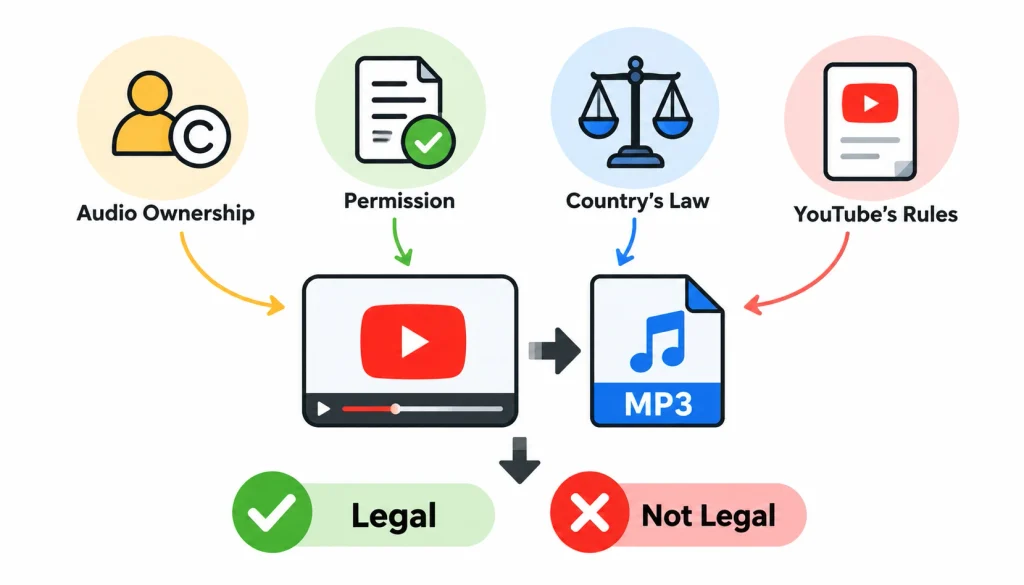 YouTube to MP3 legality infographic showing audio ownership, permission, country laws, and YouTube rules determining whether conversion is legal.